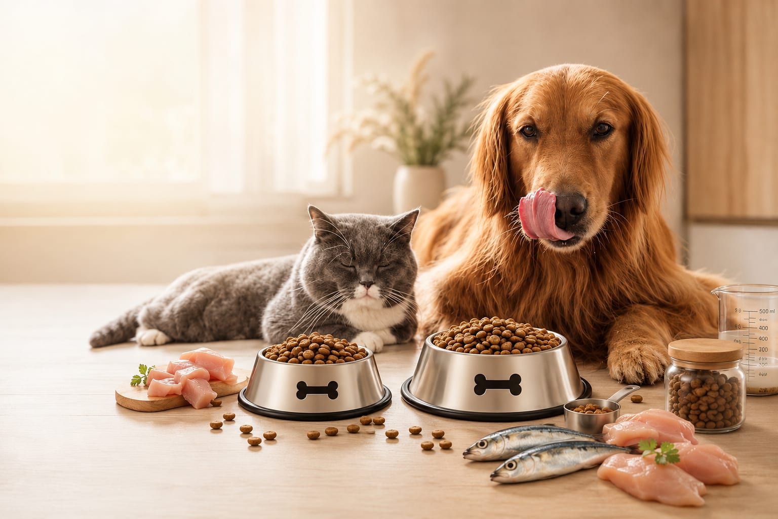 Un Golden Retriever y un gato esperan frente a sus tazones de alimento en una cocina cálida, junto a ingredientes y una taza medidora