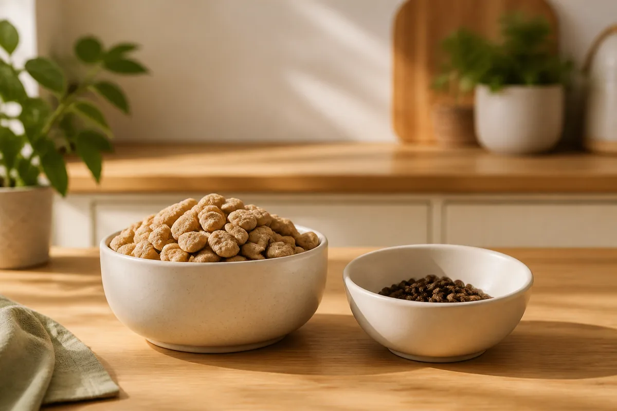 Dos tazones con alimentos distintos: uno lleno de croqueta grande, otro con mucha menos cantidad