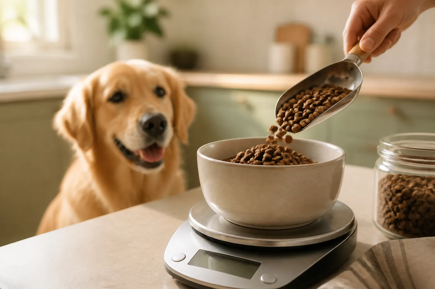 Un tazón de croquetas sobre una báscula de cocina mientras un perro espera al lado