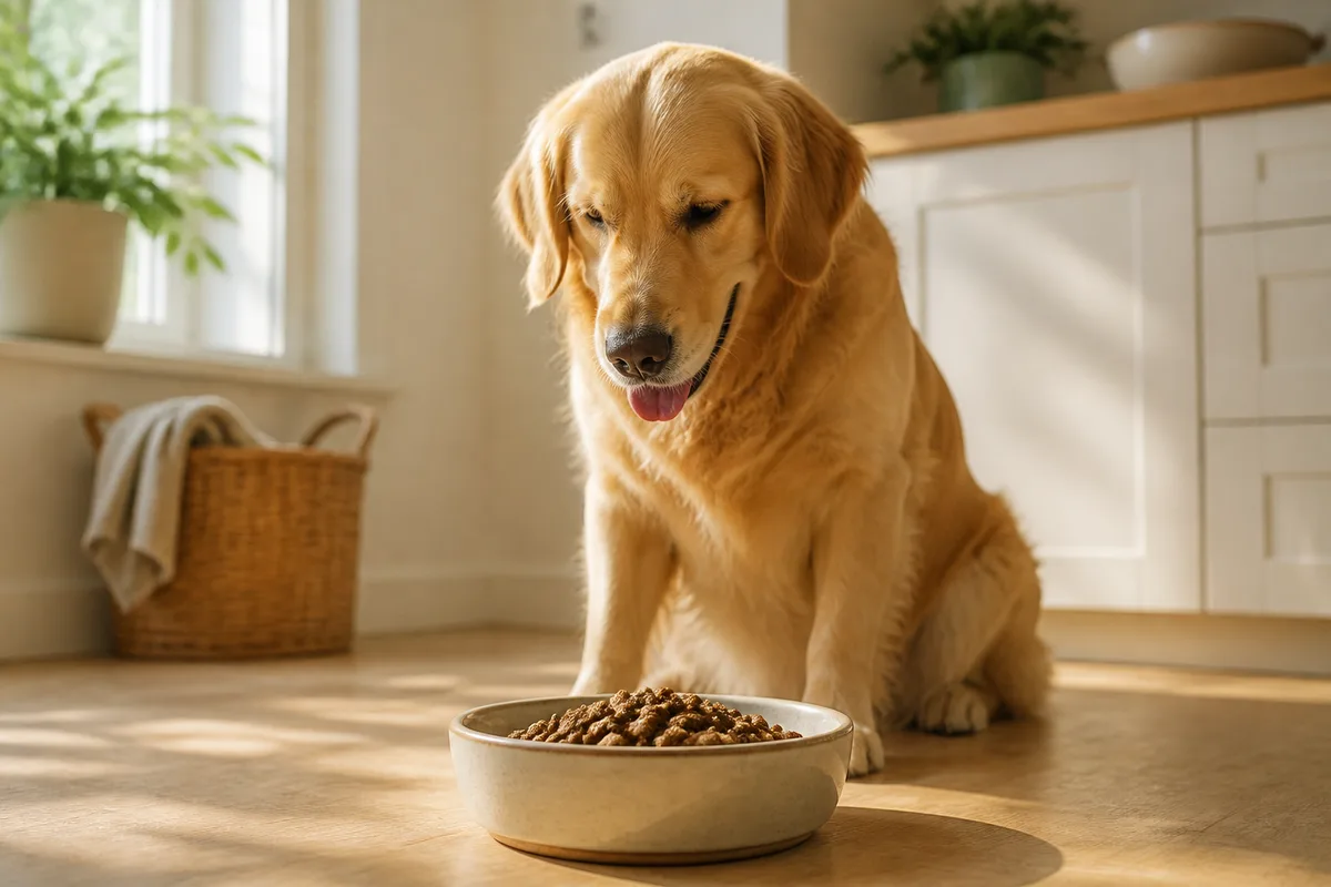 Un tazón recién servido con croquetas y un perro sentado detrás