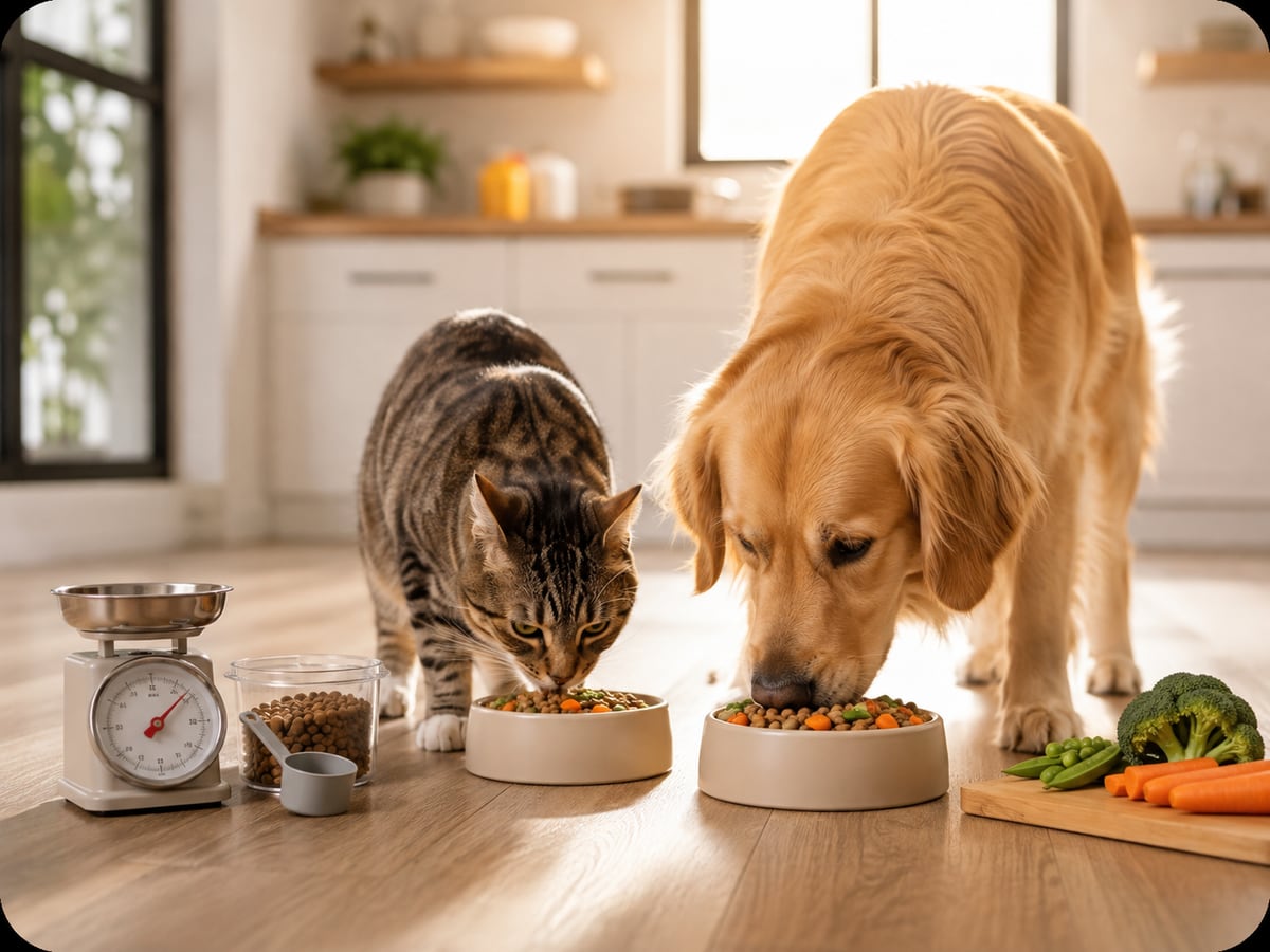 Un gato y un perro comen de sus propios tazones junto a una báscula de cocina
